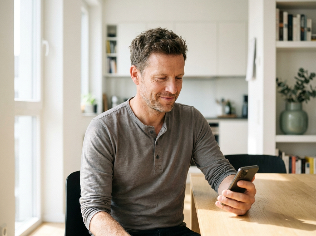 A man completing his health intake on his phone in a calm, modern space
