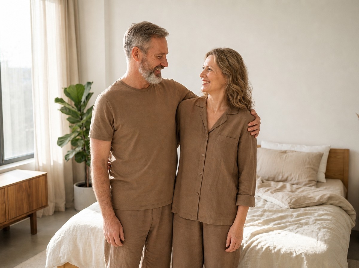 A relaxed, confident couple together in a bright, airy bedroom in warm morning light