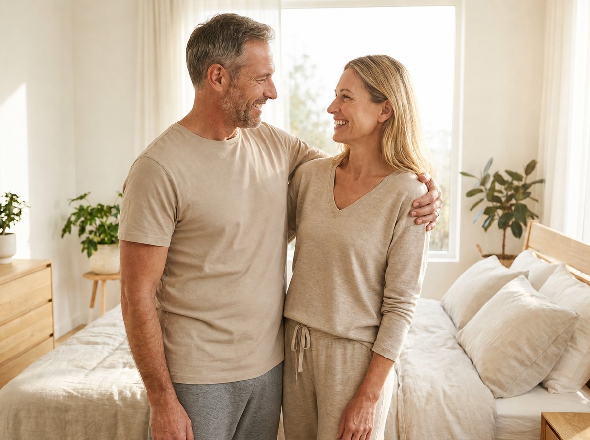 A relaxed, confident couple together in a bright, airy bedroom in warm morning light